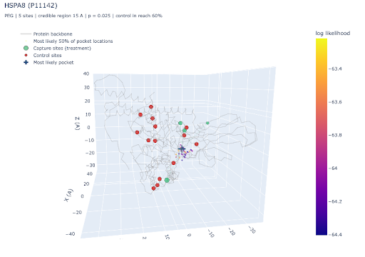 Example output for HSPA8 (P11142): PEG scaffold, 5 capture sites, 15 Å credible region, p = 0.025, with the fitted pocket location, capture sites, and control sites plotted on the protein backbone